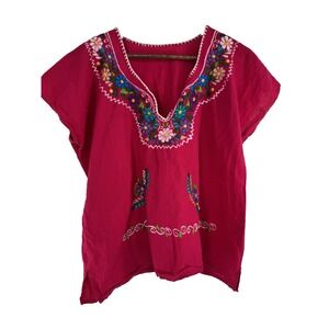 Mexico top hot pink floral top colorful Cinco De Mayo Boho spring embroidered XL